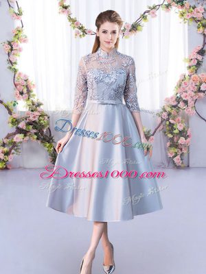 Classical High-neck Half Sleeves Lace Up Court Dresses for Sweet 16 Silver Satin