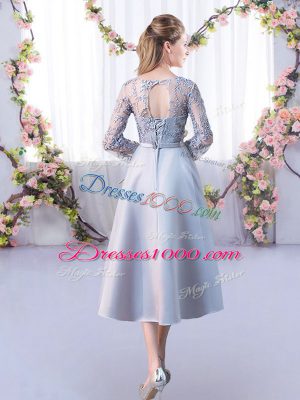 Classical High-neck Half Sleeves Lace Up Court Dresses for Sweet 16 Silver Satin