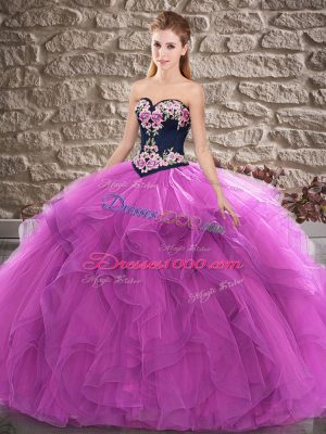 Fine Purple Sleeveless Floor Length Beading and Embroidery Lace Up 15th Birthday Dress