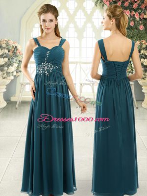 Fine Teal Chiffon Lace Up Homecoming Dress Sleeveless Floor Length Beading and Ruching