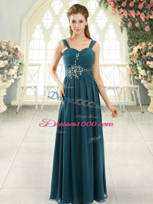 Fine Teal Chiffon Lace Up Homecoming Dress Sleeveless Floor Length Beading and Ruching