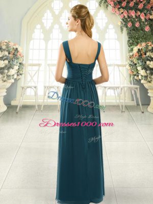 Fine Teal Chiffon Lace Up Homecoming Dress Sleeveless Floor Length Beading and Ruching