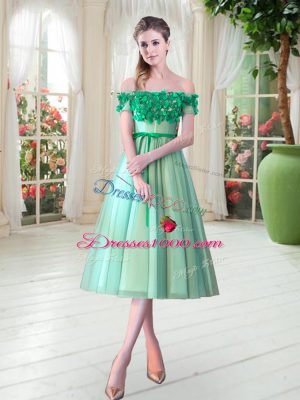 Turquoise A-line Off The Shoulder Sleeveless Tulle Tea Length Lace Up Appliques Prom Evening Gown