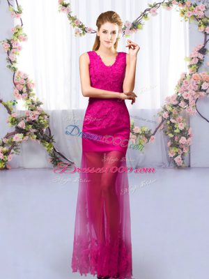 Dynamic Fuchsia Tulle Lace Up V-neck Sleeveless Floor Length Dama Dress for Quinceanera Lace