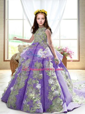 Adorable Lavender Custom Made Pageant Dress Satin Court Train Sleeveless Appliques