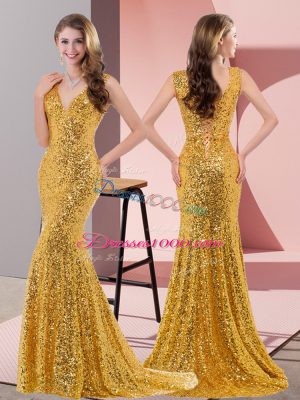 Fashion Gold V-neck Neckline Beading Prom Dress Sleeveless Lace Up