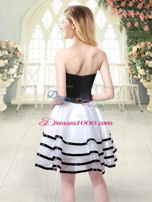 Exceptional White And Black Sleeveless Ruffled Layers and Hand Made Flower Mini Length Dress for Prom