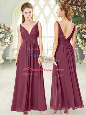 Empire Dress for Prom Burgundy Off The Shoulder Chiffon Sleeveless Ankle Length Side Zipper