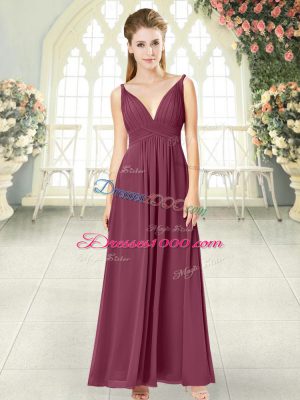 Empire Dress for Prom Burgundy Off The Shoulder Chiffon Sleeveless Ankle Length Side Zipper