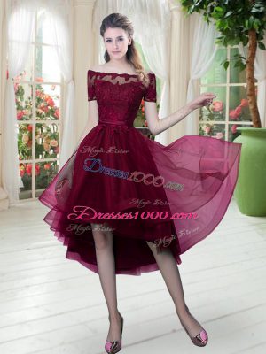 High Low A-line Short Sleeves Burgundy Prom Evening Gown Lace Up