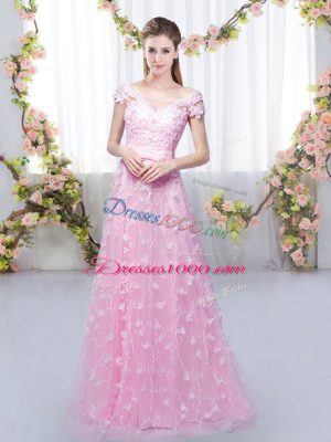 Rose Pink Empire Off The Shoulder Cap Sleeves Tulle Floor Length Lace Up Appliques Bridesmaid Gown