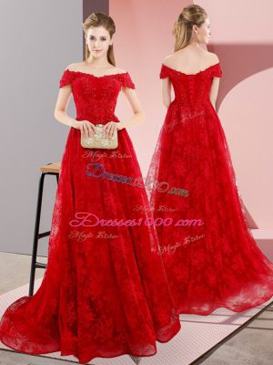 Lovely Red Off The Shoulder Lace Up Beading and Lace Formal Dresses Sweep Train Sleeveless