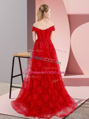 Lovely Red Off The Shoulder Lace Up Beading and Lace Formal Dresses Sweep Train Sleeveless