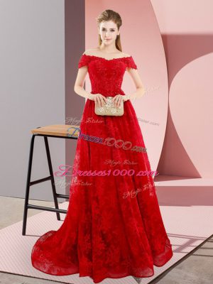 Lovely Red Off The Shoulder Lace Up Beading and Lace Formal Dresses Sweep Train Sleeveless