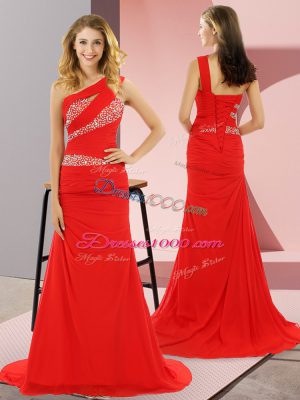 High Quality Red Prom Gown Chiffon Sweep Train Sleeveless Beading
