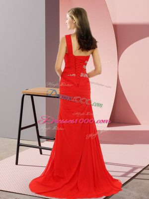 High Quality Red Prom Gown Chiffon Sweep Train Sleeveless Beading