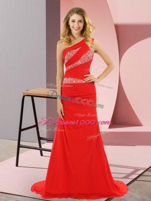 High Quality Red Prom Gown Chiffon Sweep Train Sleeveless Beading