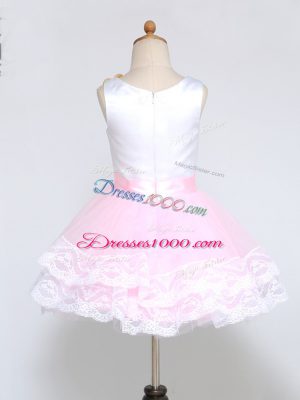Mini Length Zipper Flower Girl Dress Pink And White for Wedding Party with Lace and Appliques