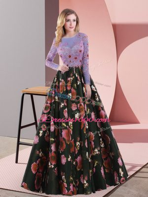 Stylish Multi-color A-line Printed Scoop Long Sleeves Appliques Lace Up Prom Dresses Sweep Train