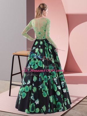 Stylish Multi-color A-line Printed Scoop Long Sleeves Appliques Lace Up Prom Dresses Sweep Train