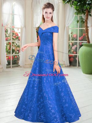 Enchanting Blue Lace Up Off The Shoulder Beading Evening Dress Lace Sleeveless