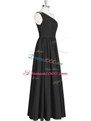 Black Chiffon Zipper One Shoulder Sleeveless Floor Length Prom Dresses Ruching