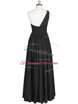 Black Chiffon Zipper One Shoulder Sleeveless Floor Length Prom Dresses Ruching