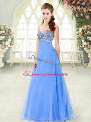 Popular A-line Evening Dress Blue Sweetheart Tulle Sleeveless Floor Length Lace Up