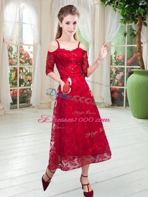 Red Half Sleeves Lace Tea Length Prom Dresses