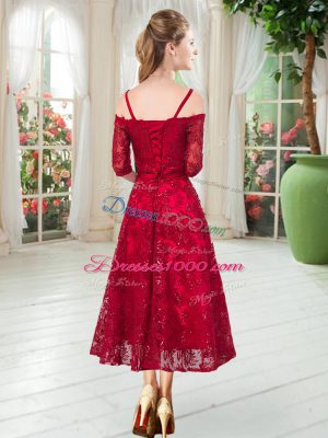 Red Half Sleeves Lace Tea Length Prom Dresses