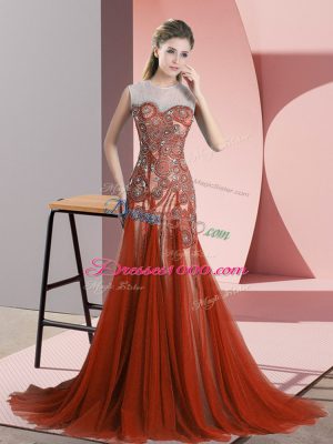 Scoop Sleeveless Sweep Train Backless Rust Red Tulle