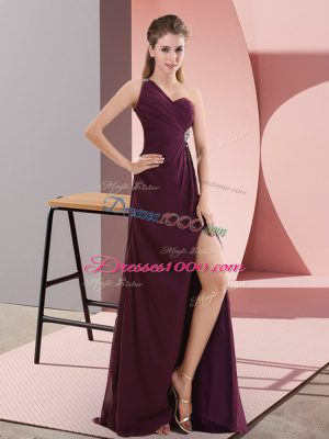 Classical Dark Purple One Shoulder Neckline Beading and Lace Juniors Party Dress Sleeveless Backless