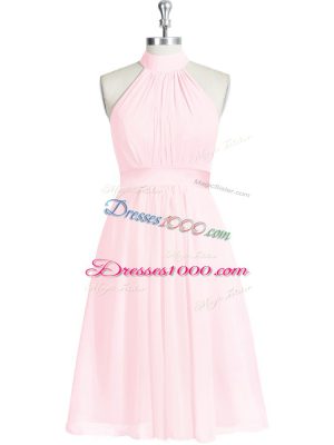 Modern Baby Pink Zipper Halter Top Ruching and Belt Prom Gown Chiffon Sleeveless