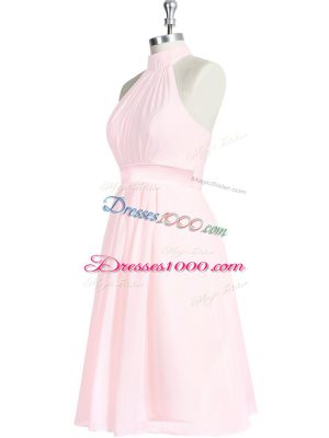 Modern Baby Pink Zipper Halter Top Ruching and Belt Prom Gown Chiffon Sleeveless