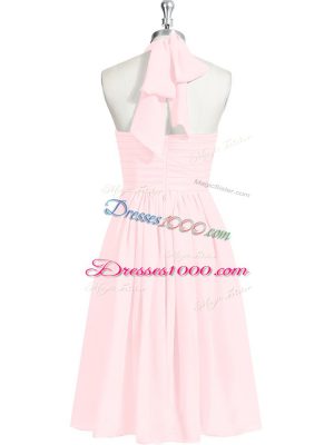 Modern Baby Pink Zipper Halter Top Ruching and Belt Prom Gown Chiffon Sleeveless