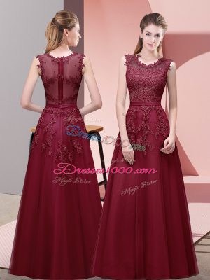 Custom Made Tulle Scoop Sleeveless Zipper Lace and Appliques and Belt Prom Gown in Burgundy