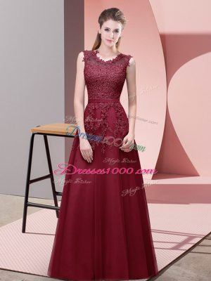 Custom Made Tulle Scoop Sleeveless Zipper Lace and Appliques and Belt Prom Gown in Burgundy