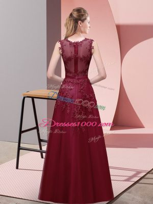 Custom Made Tulle Scoop Sleeveless Zipper Lace and Appliques and Belt Prom Gown in Burgundy