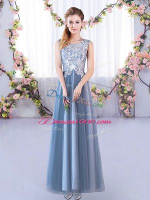 Fabulous Blue Sleeveless Floor Length Lace Lace Up Wedding Guest Dresses