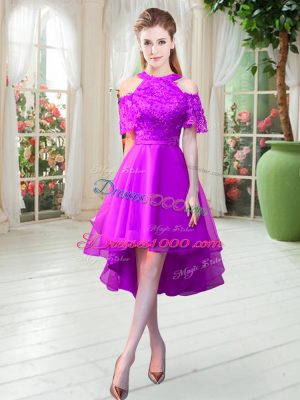 Graceful High Low Zipper Party Dresses Purple for Prom and Party with Lace