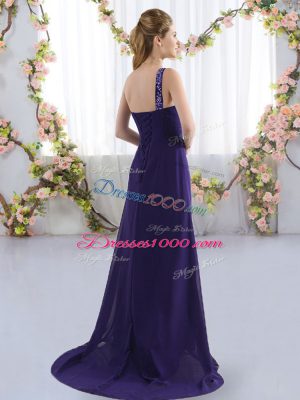 Purple Lace Up Bridesmaid Dresses Beading Sleeveless Brush Train