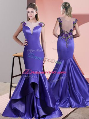 Purple Side Zipper Scoop Beading and Appliques Prom Party Dress Satin Sleeveless Sweep Train