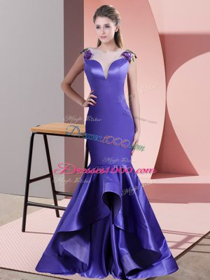 Purple Side Zipper Scoop Beading and Appliques Prom Party Dress Satin Sleeveless Sweep Train