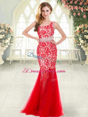 Red Zipper Prom Gown Beading and Lace Sleeveless Floor Length