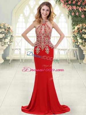 Fashion Red Mermaid Elastic Woven Satin Halter Top Sleeveless Beading and Lace Zipper Prom Evening Gown Sweep Train