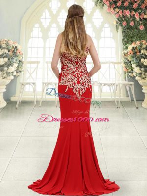 Fashion Red Mermaid Elastic Woven Satin Halter Top Sleeveless Beading and Lace Zipper Prom Evening Gown Sweep Train