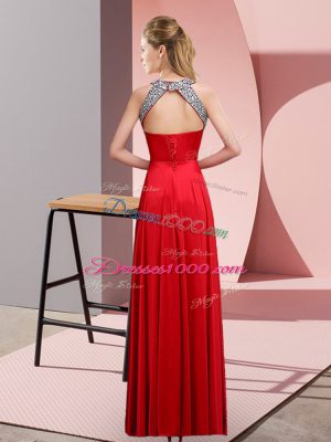 New Style Red Lace Up Halter Top Beading Satin Sleeveless