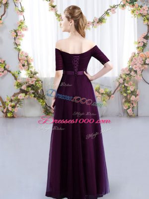 Off The Shoulder Short Sleeves Bridesmaids Dress Floor Length Ruching Purple Tulle