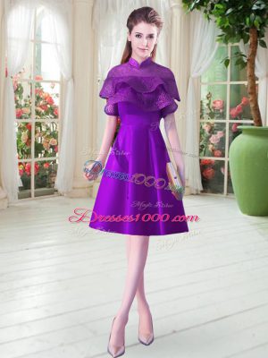 Satin High-neck Cap Sleeves Lace Up Ruffled Layers Dress for Prom in Eggplant Purple