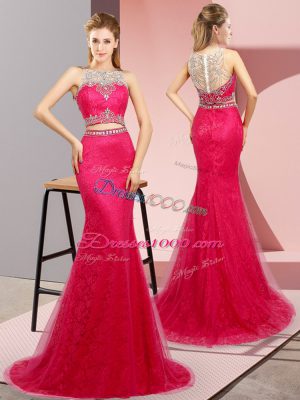 Luxurious Two Pieces Sleeveless Hot Pink Womens Evening Dresses Sweep Train Lace Up